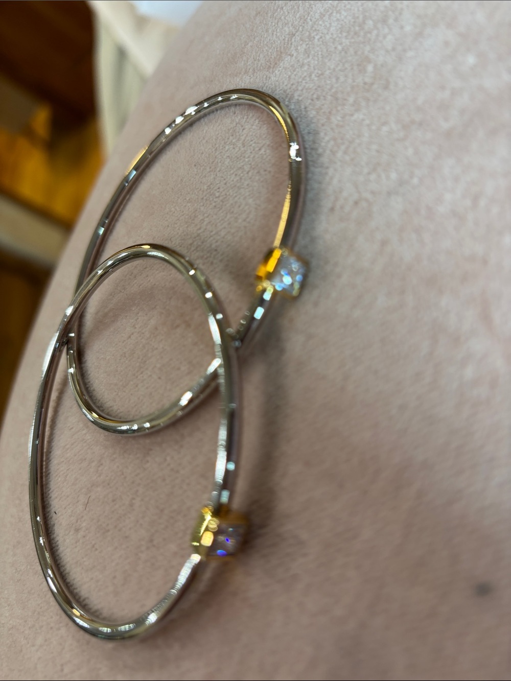 Two-Tone Silver and Gold Square Stone Bangle Bracelets set of 2 - Women Jewelry - Picture 6 of 9